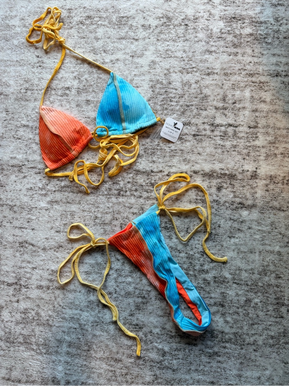 Fashion Nova Blue, Orange & Yellow Ribbed Tie-String Bikini Set